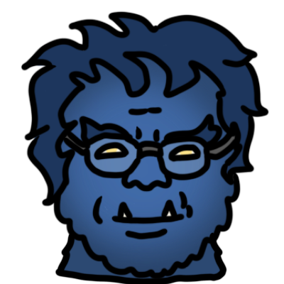 Hank McCoy or 'Beast' from X-Men, shown as a middle-aged man ewith dark blue hair, fuzzy blue skin, and glasses. he is smiling, and two sharp teeth are visible. behind him is a big red X .